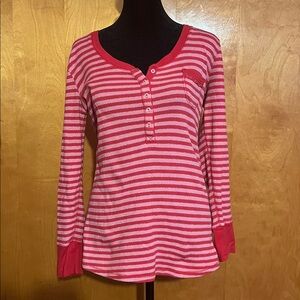 Victoria's Secret Large Pink and Red Striped Henley Long Sleeve Tee